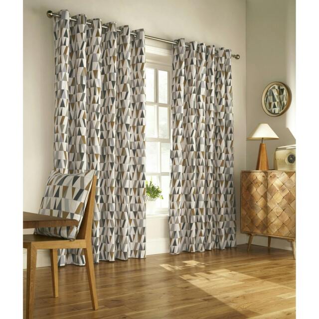 Rackhams Reno Ringtop Geometric Eyelet Curtains - Charcoal/Gold - 168cm x 183cm - Charcoal/Gold - 50% Cotton/50% Polyester