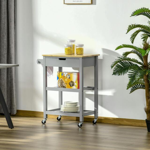 Rackhams Kitchen Trolley Utility Cart on Wheels with Rubberwood Worktop Towel Rack - image 1