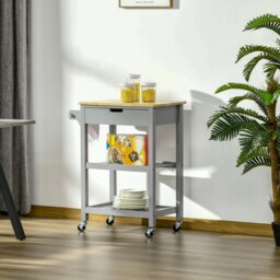 Rackhams Kitchen Trolley Utility Cart on Wheels with Rubberwood Worktop Towel Rack - thumbnail 1