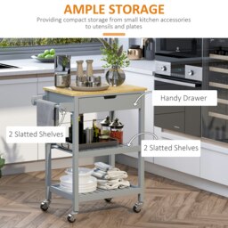 Rackhams Kitchen Trolley Utility Cart on Wheels with Rubberwood Worktop Towel Rack - thumbnail 4