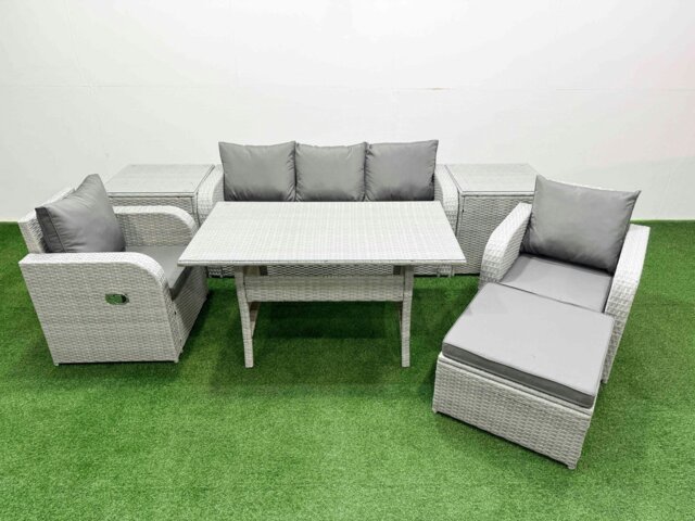 Rackhams PE Rattan Garden Furniture Set Reclining Chair Sofa Lounge Sofa Set Rectangular Dining Table 2 Side Table Big Footstool Light Grey - image 1
