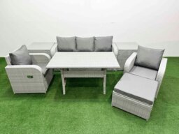 Rackhams PE Rattan Garden Furniture Set Reclining Chair Sofa Lounge Sofa Set Rectangular Dining Table 2 Side Table Big Footstool Light Grey - thumbnail 1