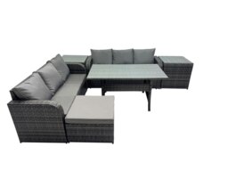 Rackhams 7 Seat Outdoor Wicker PE Rattan Garden Furniture Set Dining Table Sofa Set with 2 Side Tables Dark Grey Mixed - thumbnail 2