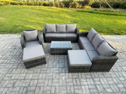 Rackhams Wicker PE Rattan Garden Furniture Set 9 Seater Outdoor Lounge Sofa Set with Coffee Table 2 Big Footstool Dark Grey Mixed - thumbnail 1