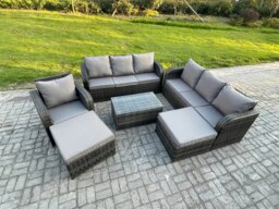 Rackhams Wicker PE Rattan Garden Furniture Set 9 Seater Outdoor Lounge Sofa Set with Coffee Table 2 Big Footstool Dark Grey Mixed - thumbnail 2