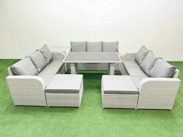 Rackhams Patio Garden Furniture Sets with Black Glass Top Dining Table 3 Seater Sofa Side Table 2 Big Stool Light Grey - image 1