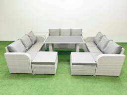 Rackhams Patio Garden Furniture Sets with Black Glass Top Dining Table 3 Seater Sofa Side Table 2 Big Stool Light Grey