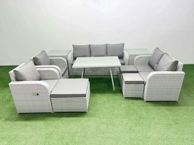 Rackhams PE Rattan Garden Furniture Set Outdoor Rectangular Dining Table Sofa Set with Reclining Chair 3 Stool 2 Side Tables Light Grey - image 1