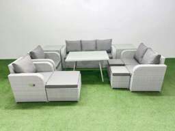Rackhams PE Rattan Garden Furniture Set Outdoor Rectangular Dining Table Sofa Set with Reclining Chair 3 Stool 2 Side Tables Light Grey - thumbnail 1