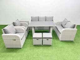 Rackhams 9 Seater Garden Furniture Set PE Rattan Garden Sofa Set with Rectangular Dining Table 2 Small Stools Side Table Light Grey - thumbnail 1