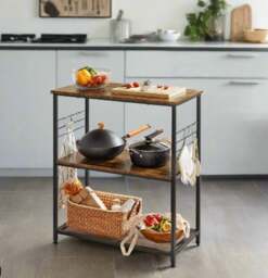 Rackhams Kitchen Island Shelf, Baker’s Rack with 3 Shelves & Hooks, Rustic Brown & Black - thumbnail 4