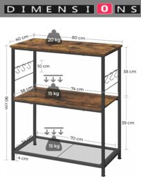Rackhams Kitchen Island Shelf, Baker’s Rack with 3 Shelves & Hooks, Rustic Brown & Black - thumbnail 5