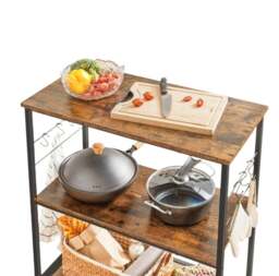 Rackhams Kitchen Island Shelf, Baker’s Rack with 3 Shelves & Hooks, Rustic Brown & Black - thumbnail 3