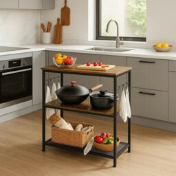 Rackhams Kitchen Island Shelf, Baker’s Rack with 3 Shelves & Hooks, Rustic Brown & Black