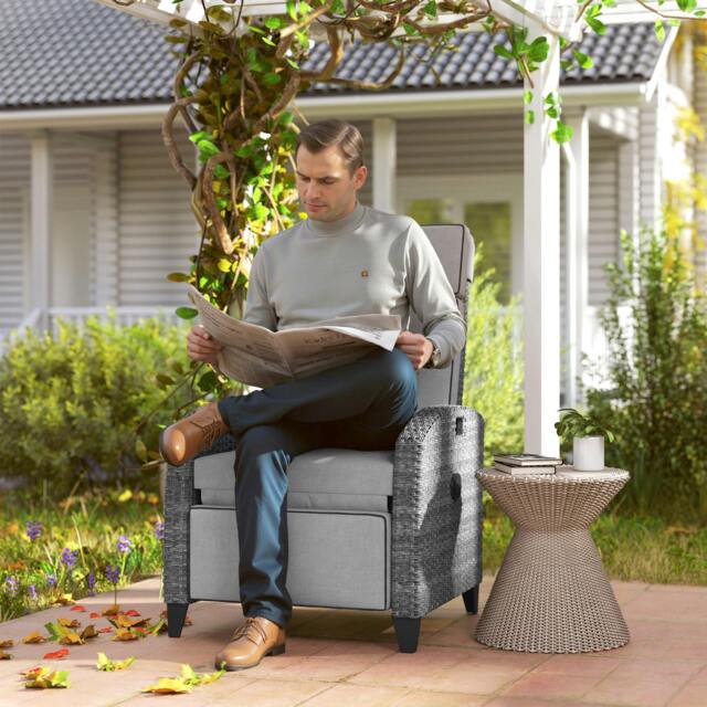 Rackhams Outdoor Recliner Chair w/ Cushion Rattan Reclining Lounge Chair, Grey - Light Grey