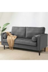Rackhams 2-Seat Velvet Sofa with Bolster Pillows - Grey - thumbnail 2
