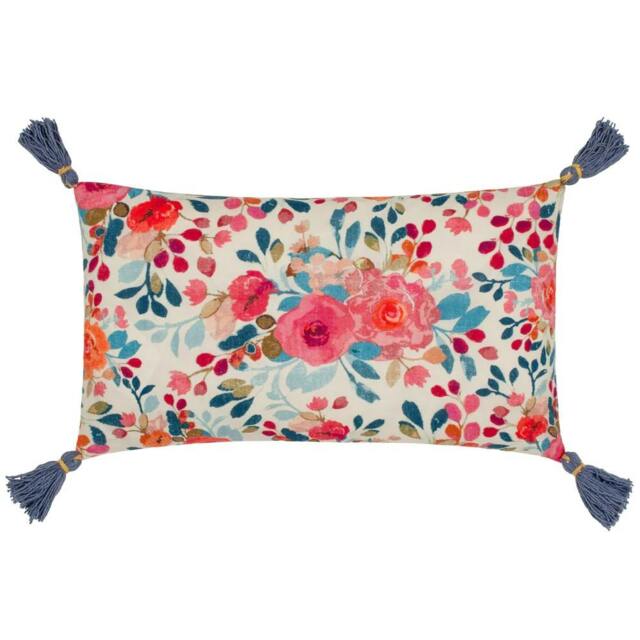 Rackhams Posies Tassel Floral Cushion Cover - Multicoloured/Blue - 30cm x 50cm - Multicoloured/Blue - 100% Cotton - image 1