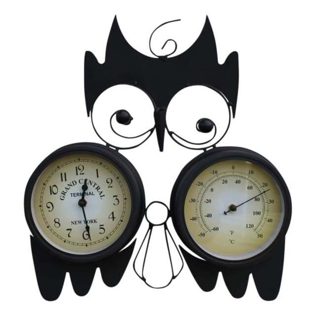 Rackhams Owl Design Clock with Thermometer in Black Metal, Wall Mounted Indoor or Outdoor Feature with Mounting Bracket, 15cm Clock Face - image 1