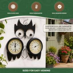 Rackhams Owl Design Clock with Thermometer in Black Metal, Wall Mounted Indoor or Outdoor Feature with Mounting Bracket, 15cm Clock Face - thumbnail 6