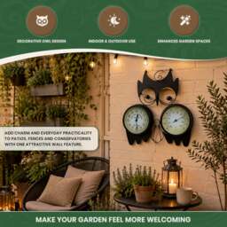 Rackhams Owl Design Clock with Thermometer in Black Metal, Wall Mounted Indoor or Outdoor Feature with Mounting Bracket, 15cm Clock Face - thumbnail 2