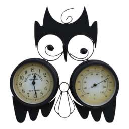 Rackhams Owl Design Clock with Thermometer in Black Metal, Wall Mounted Indoor or Outdoor Feature with Mounting Bracket, 15cm Clock Face - thumbnail 1