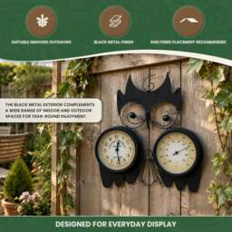 Rackhams Owl Design Clock with Thermometer in Black Metal, Wall Mounted Indoor or Outdoor Feature with Mounting Bracket, 15cm Clock Face - thumbnail 5