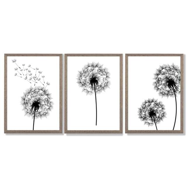 Rackhams DANDELIONS Set of 3 Framed Sketch Wall Art Prints - 30x42cm (A3) - Light Walnut - image 1