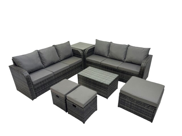 Rackhams Outdoor 3 Seater Sofa Coffee Table Set Garden Rattan Furniture Set 9 Seater with 3 Stool Side Table Dark Grey - image 1