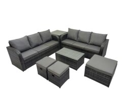 Rackhams Outdoor 3 Seater Sofa Coffee Table Set Garden Rattan Furniture Set 9 Seater with 3 Stool Side Table Dark Grey - thumbnail 1