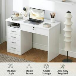 Rackhams Computer Desk, Home Office Desk with Lockable Drawer, Storage Shelf for Study Bedroom, 110 x 50 x 76 cm, White - thumbnail 6