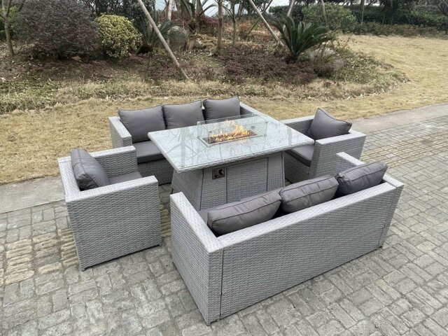 Rackhams Rattan Garden Furniture Set with Gas Fire Pit Dining Table, 2 Sofas & 2 Chairs - 8 Seater - Light Grey - image 1
