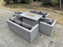 Rackhams Rattan Garden Furniture Set with Gas Fire Pit Dining Table, 2 Sofas & 2 Chairs - 8 Seater - Light Grey - thumbnail 2