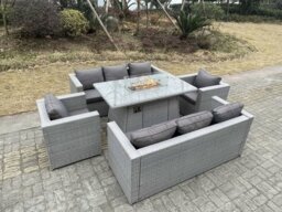 Rackhams Rattan Garden Furniture Set with Gas Fire Pit Dining Table, 2 Sofas & 2 Chairs - 8 Seater - Light Grey - thumbnail 1