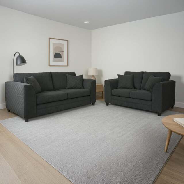 Rackhams Quilted Full Fabric Chenille Sofa Suite - Black - image 1