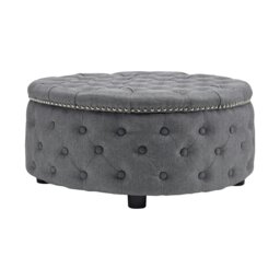 Rackhams Dia 75cm Linen Tufted Round Cocktail Ottoman with Solid Wood - Grey - thumbnail 5