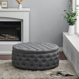 Rackhams Dia 75cm Linen Tufted Round Cocktail Ottoman with Solid Wood - Grey - thumbnail 2