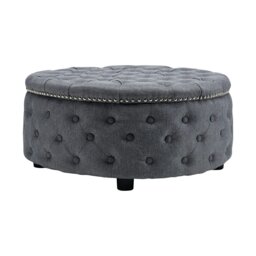Rackhams Dia 75cm Linen Tufted Round Cocktail Ottoman with Solid Wood - Grey - thumbnail 3