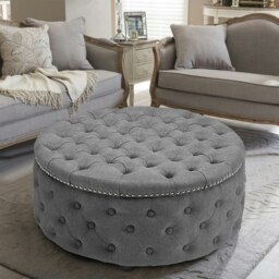 Rackhams Dia 75cm Linen Tufted Round Cocktail Ottoman with Solid Wood - Grey - thumbnail 1