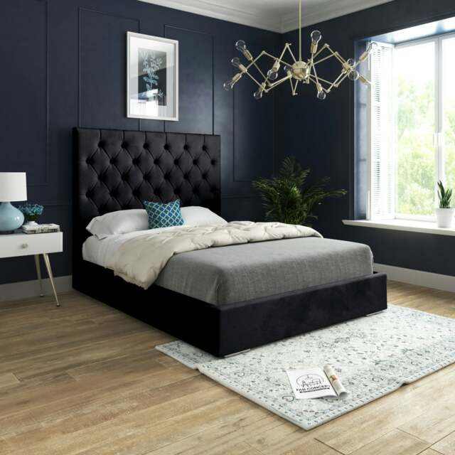 Rackhams Alma Upholstered Soft Velvet Bed Frame - Black - Black - King - image 1