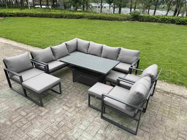 Rackhams Aluminium Adjustable Rising Lifting Dining Table Sofa Set 12 Seat Aluminium Garden Furniture Sets with 3 Footstools 3 Chairs Dark Grey - image 1