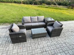 Rackhams Outdoor Rattan Garden Furniture Set Patio Lounge Sofa Set with Reclining Chair Rectangular Coffee Table Side Table Dark Grey Mixed - thumbnail 2