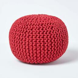 Rackhams Round Cotton Knitted Pouffe Footstool Bean Filled Hand Knitted - Red - thumbnail 1