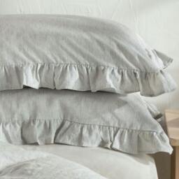 Rackhams White & Grey Ruffled Linen Cotton Blend Pillowcases - Standard - Pair - Oxford - thumbnail 3