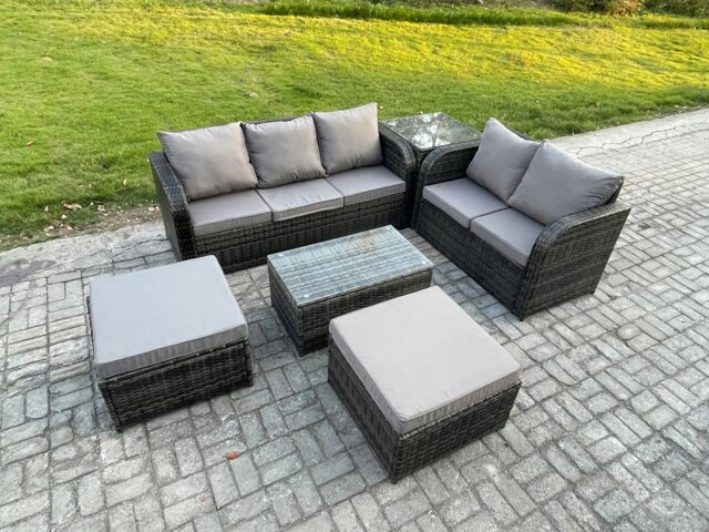 Rackhams Wicker PE Rattan Garden Furniture Set 7 Seater Outdoor Lounge Sofa Set with Love Sofa Coffee Table 2 Big Footstool Side Table Dark Grey Mixed - image 1