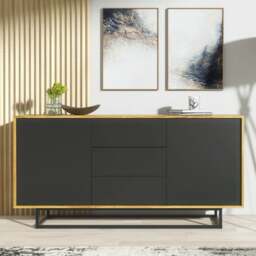 Rackhams Loft Retro Industrial Sideboard Vintage Oak Cabinet Chest of Drawers - 140cm - Oak Matt Body & Black Matt Fronts -  MDF/Chipboard