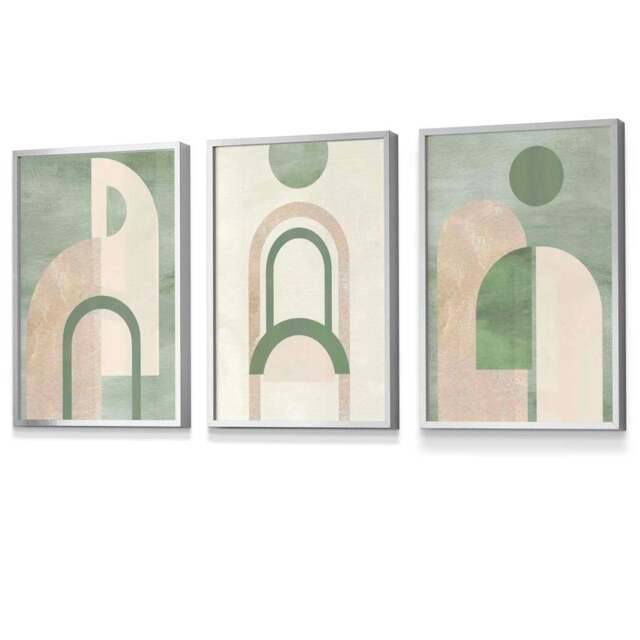 Rackhams Sage Green Boho Arches Set of 3 Framed Wall Art - 42x59cm (A2) - Silver - image 1
