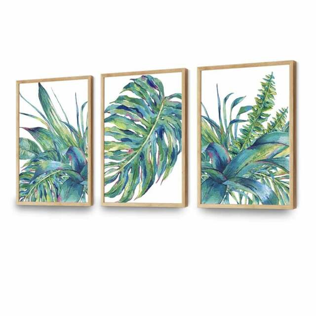 Rackhams Set of 3 Watercolour Green Blue Tropical Leaves Wall Art Framed Prints - 59x84cm (A1) - Oak