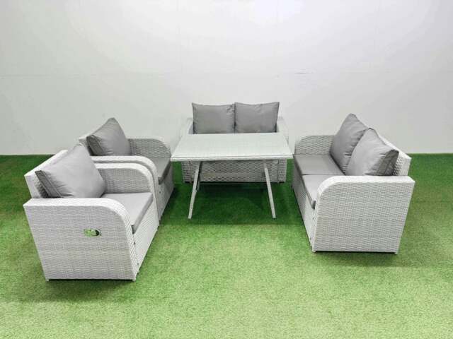 Rackhams 6 Seater Rattan Garden Furniture Set Outdoor Love Sofa Set with Rectangular Dining Table Light Grey - image 1
