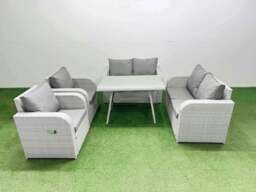 Rackhams 6 Seater Rattan Garden Furniture Set Outdoor Love Sofa Set with Rectangular Dining Table Light Grey - thumbnail 1