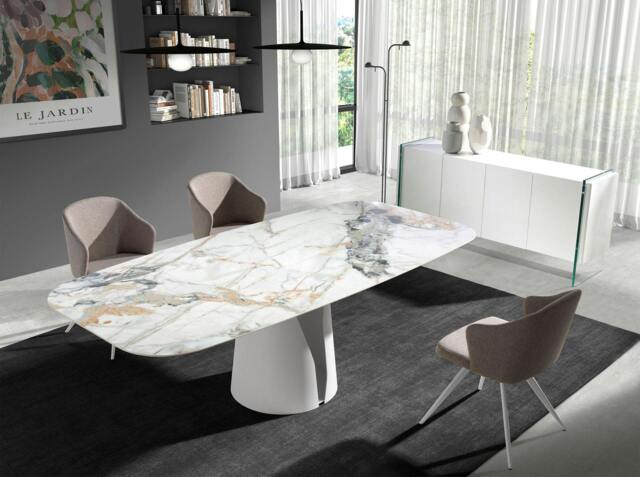 Rackhams Oval Barrel porcelain marble and white steel dining table 1135